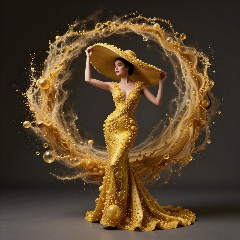 Golden Yellow Couture Gown with Swirling Particle Effect