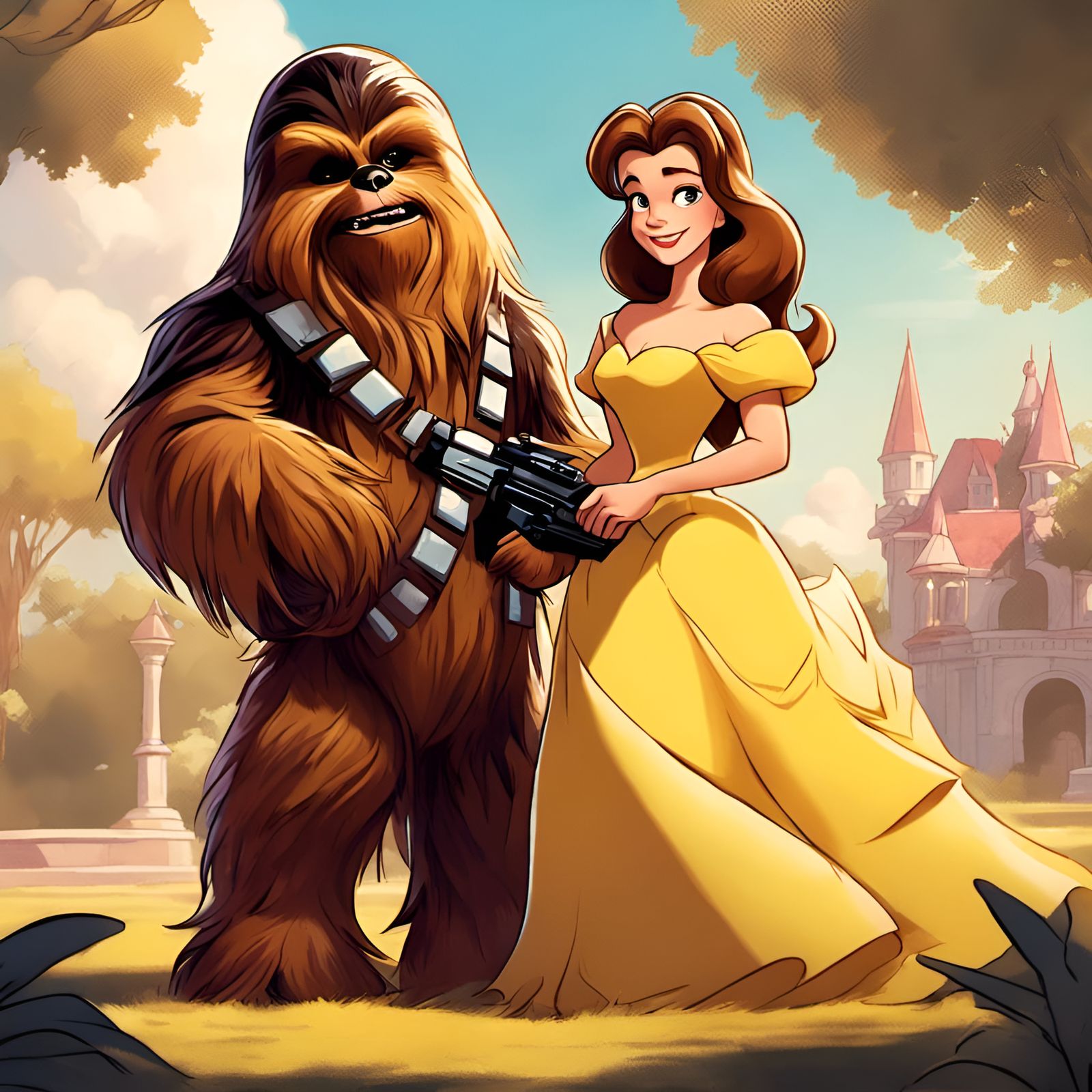 Belle and Chewbacca Portrait in Cartoon Style
