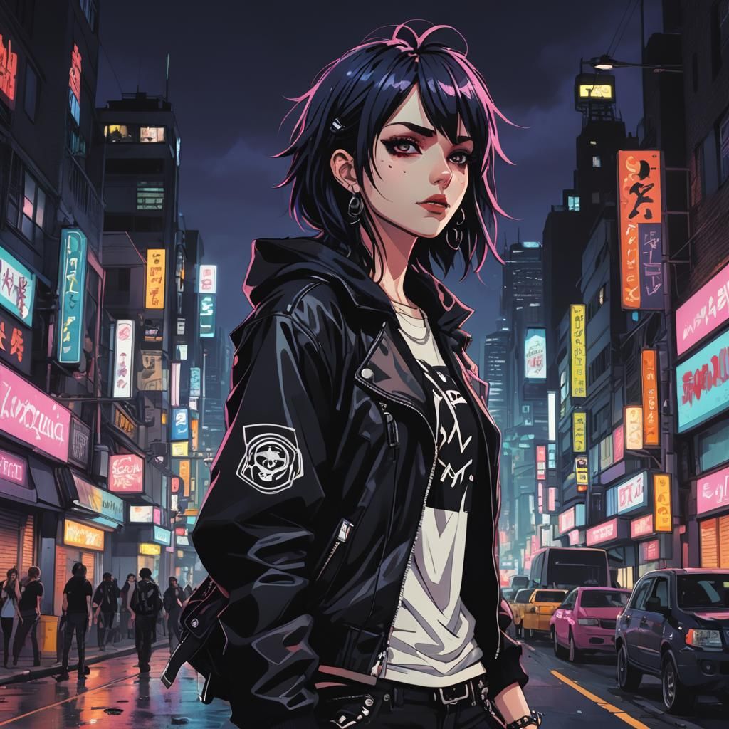 Goth Teen Rocker in Neon City: Anime Style