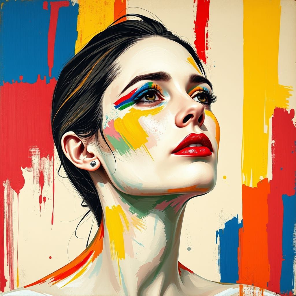 A vibrant abstract portrait of a woman, mid-20s, Caucasian, with a contemplative expression.  Her face is the central fo...