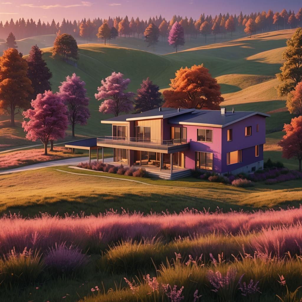 Modern House on Meadow at Sunset: 3D Rendering