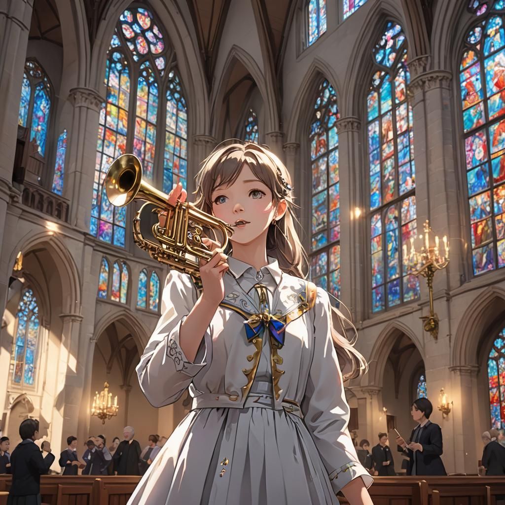 Anime Style Trumpet Player in Stained Glass Church