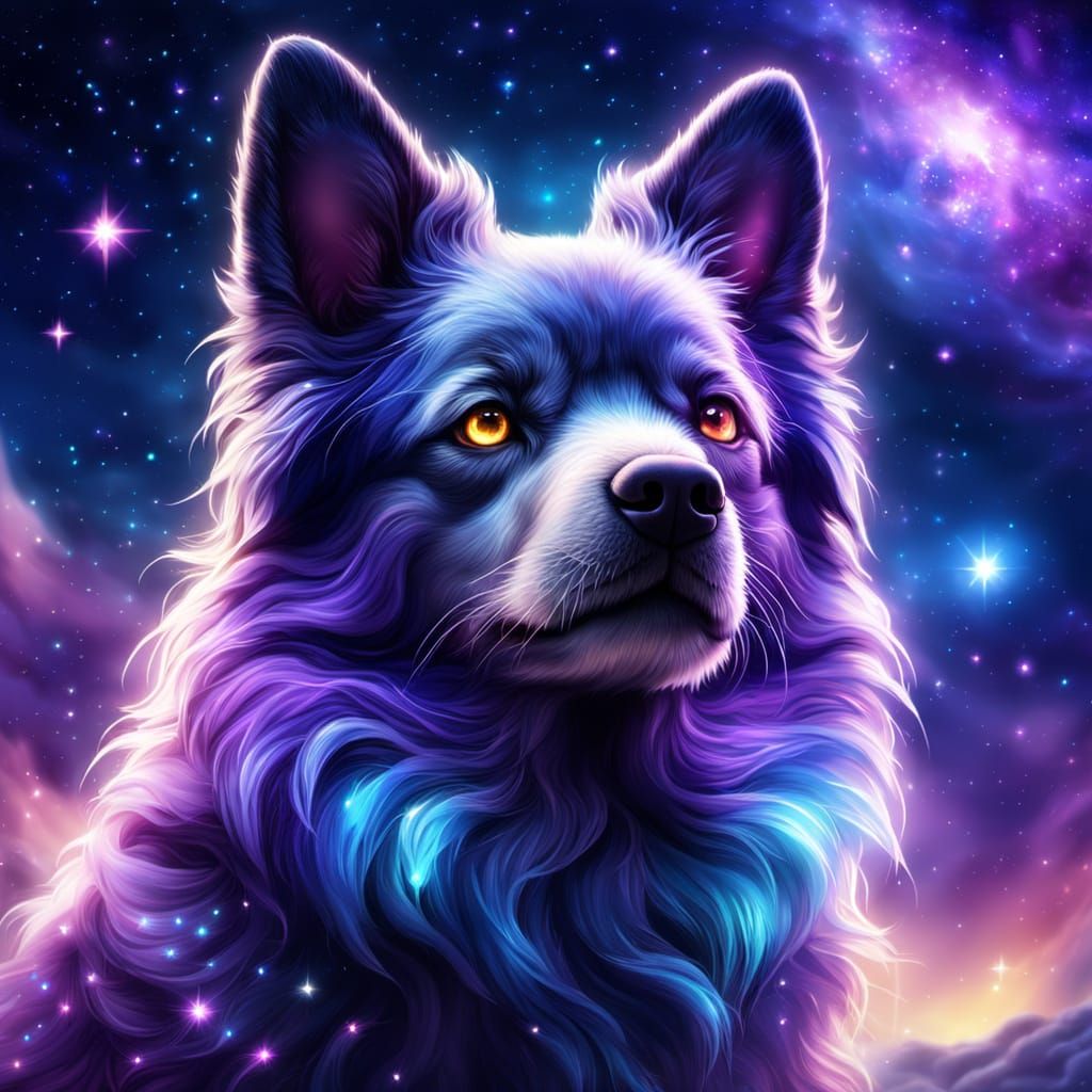 Shining Dog in Starry Sky: Cosmic Digital Art