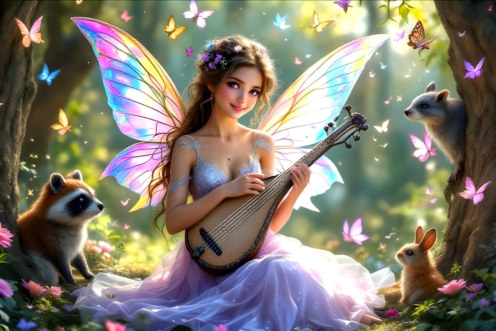 Enchanting Fairy Sings and Plays Lyre in Magical Forest