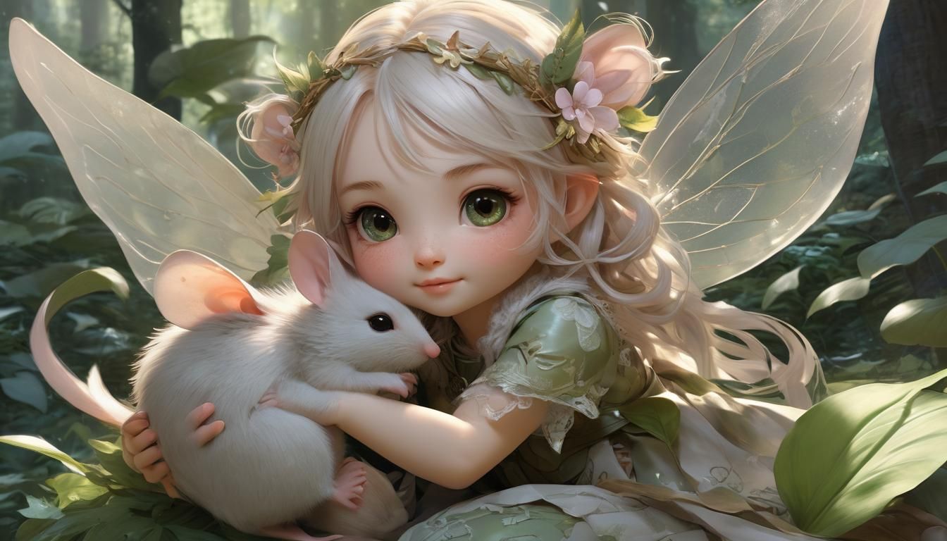 Baby Fairy and Mouse in Lush Forest, 3D Anime Art