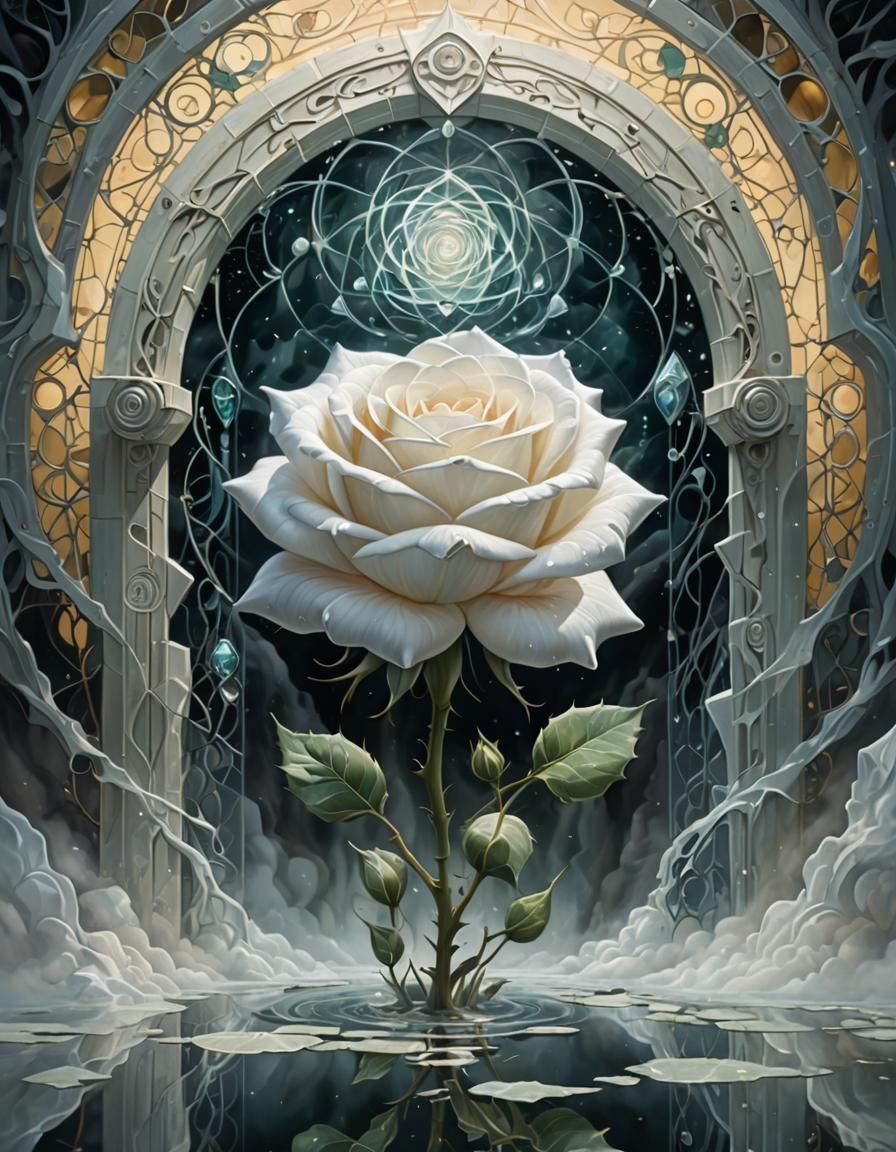 White Rose Portal: Ethereal Crystalline Cubism
