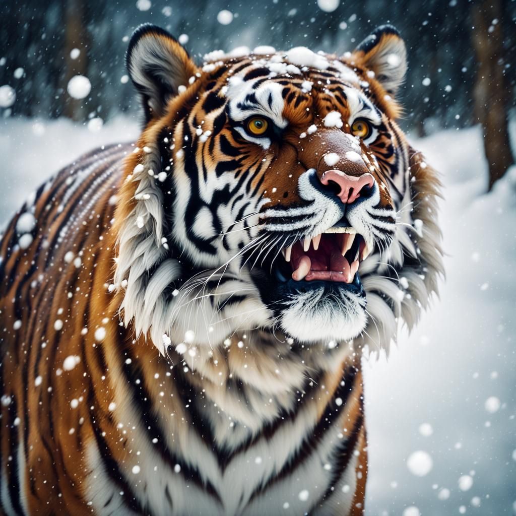 Snowflake Tiger Leaping from Mirror Reflection