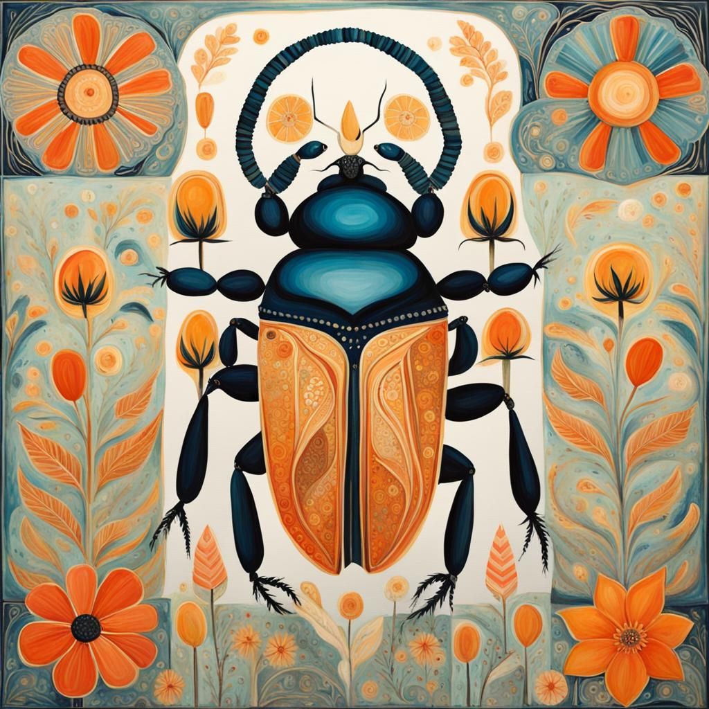 Detailed Scarab Beetle with Flowers in Warm Colors
