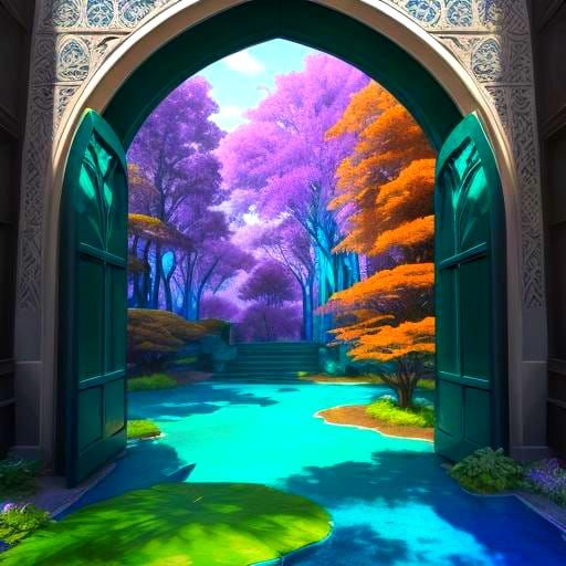 Terracotta Trees and Emerald Archway in Hyperreal Style