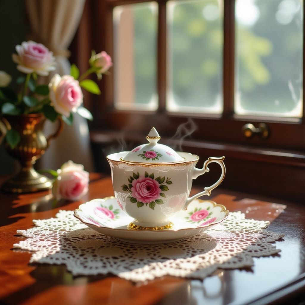 Elegant Porcelain Tea Set with Roses in Soft Sunlight