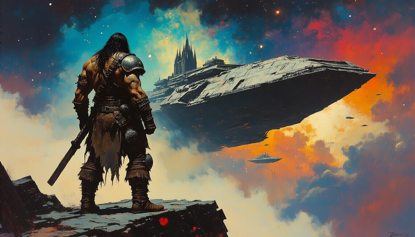 Barbarian Warrior on Gothic Battlecruiser in Dramatic Oil Pa...