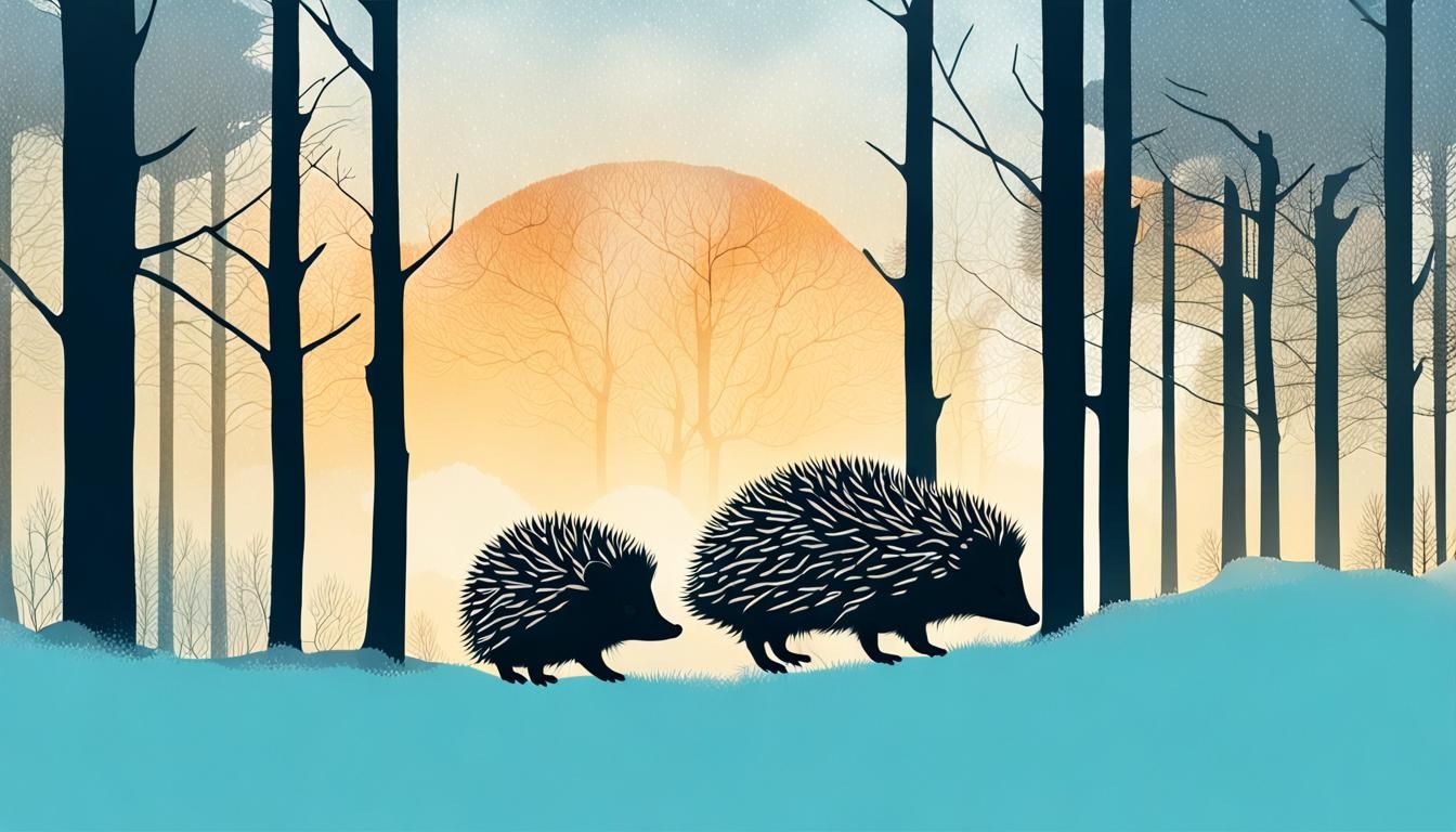 Hedgehogs at Winter Sunrise in Double Exposure