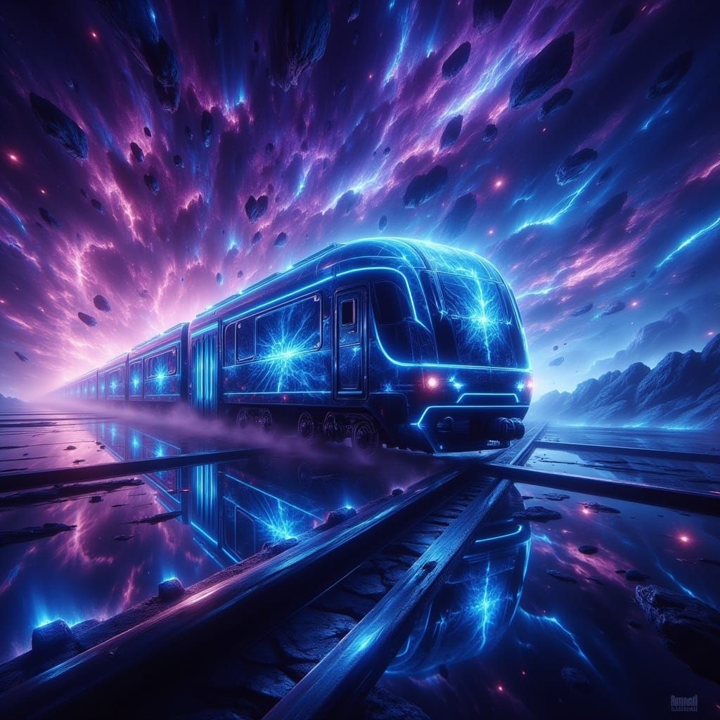Cosmic Train Speeds Through Galaxy in Retro-Futuristic Style