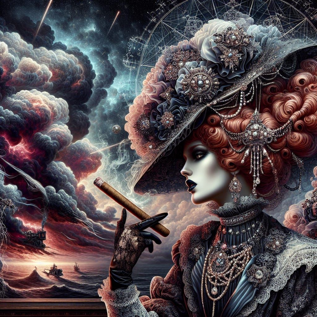 Elegant Gothic Lady in Surreal Storm with Diamonds