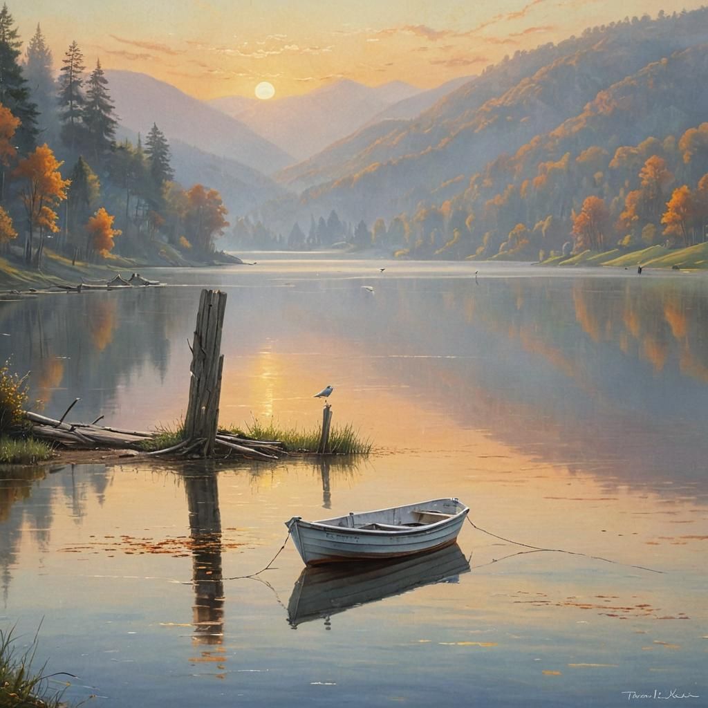 Serene Sunset Lake Scene in Photorealistic Style