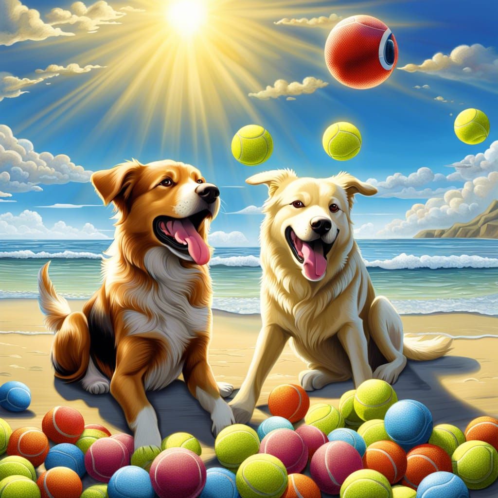 Dogs Playing on Beach in Anime Style
