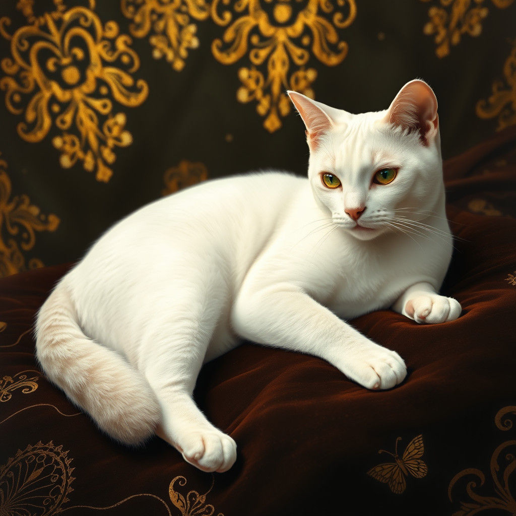 Opulent White Cat in Klimt-Magritte Style