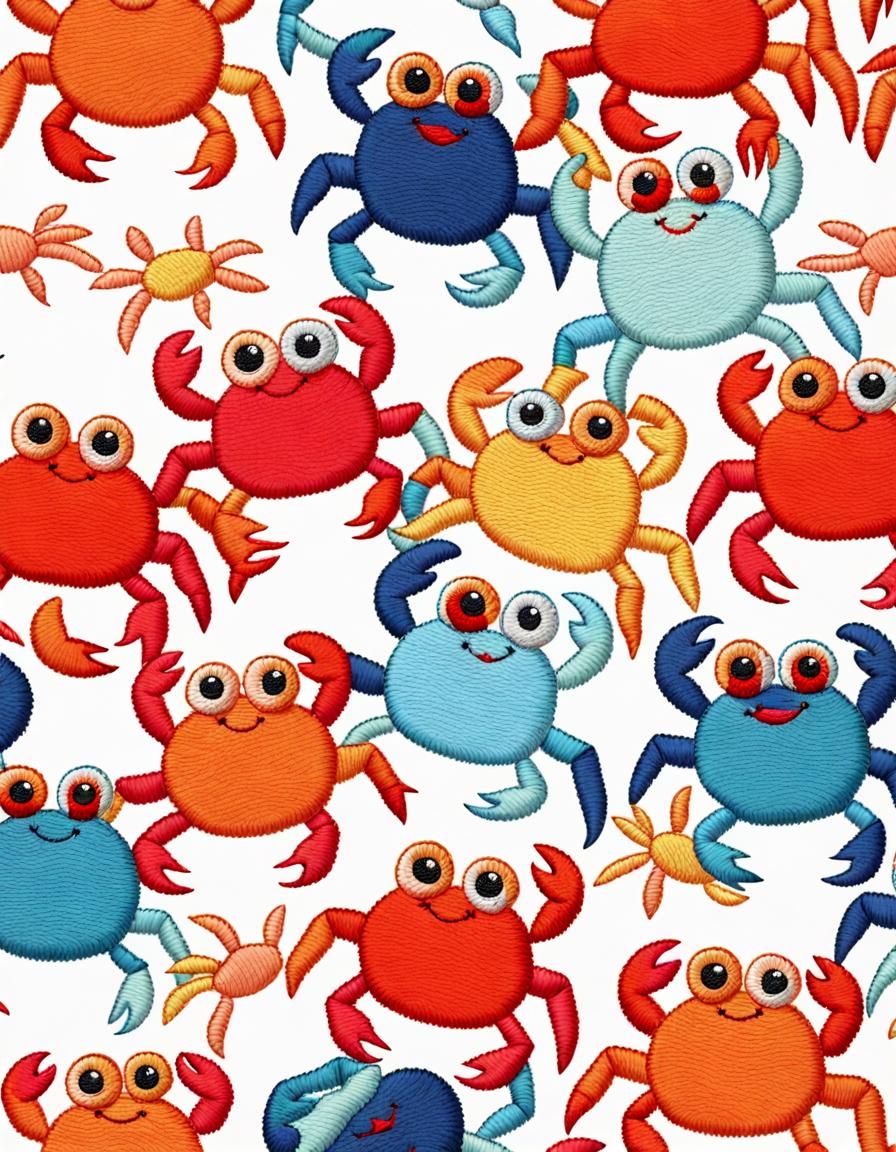 Vibrant Embroidered Crabs on Imperial Fabric