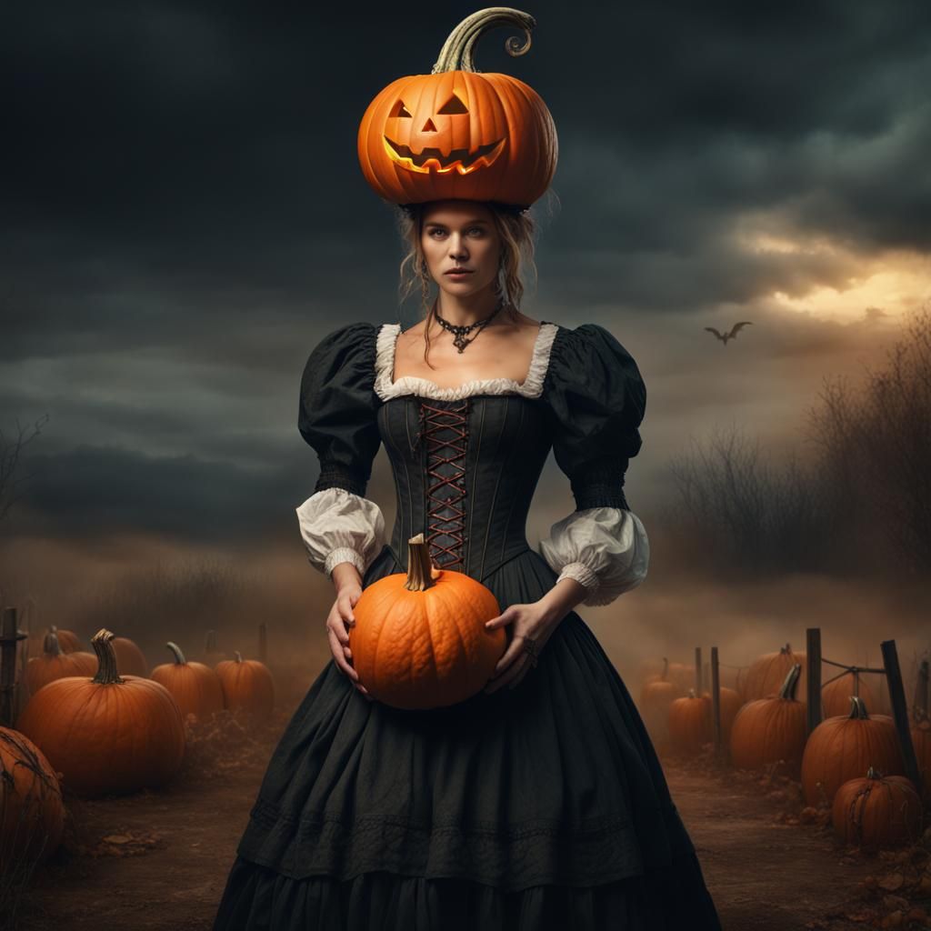 Woman with Pumpkin Hat in Halloween Digital Painting