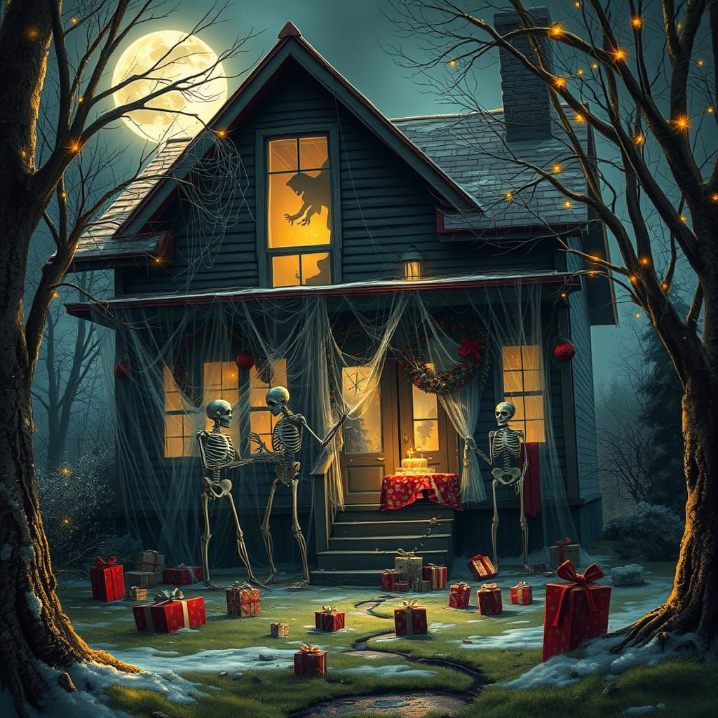Eerie Christmas Party in Abandoned House by Skeletons