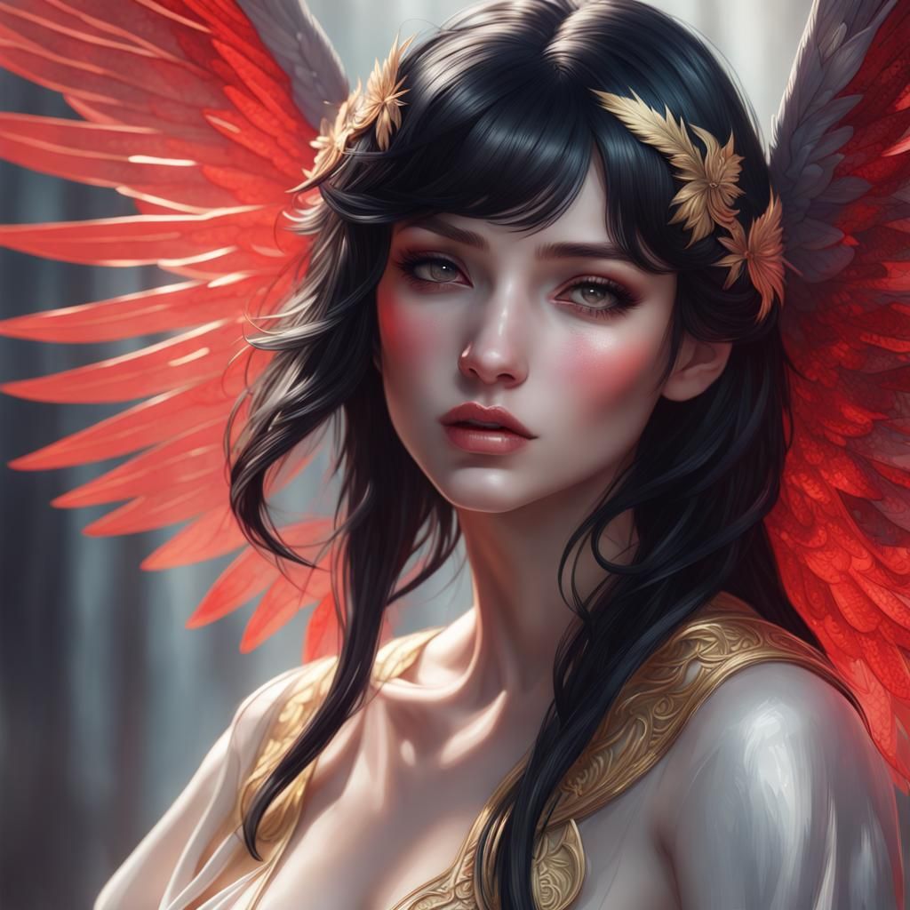 Angelic Beauty with Black Hair in Art Nouveau Style