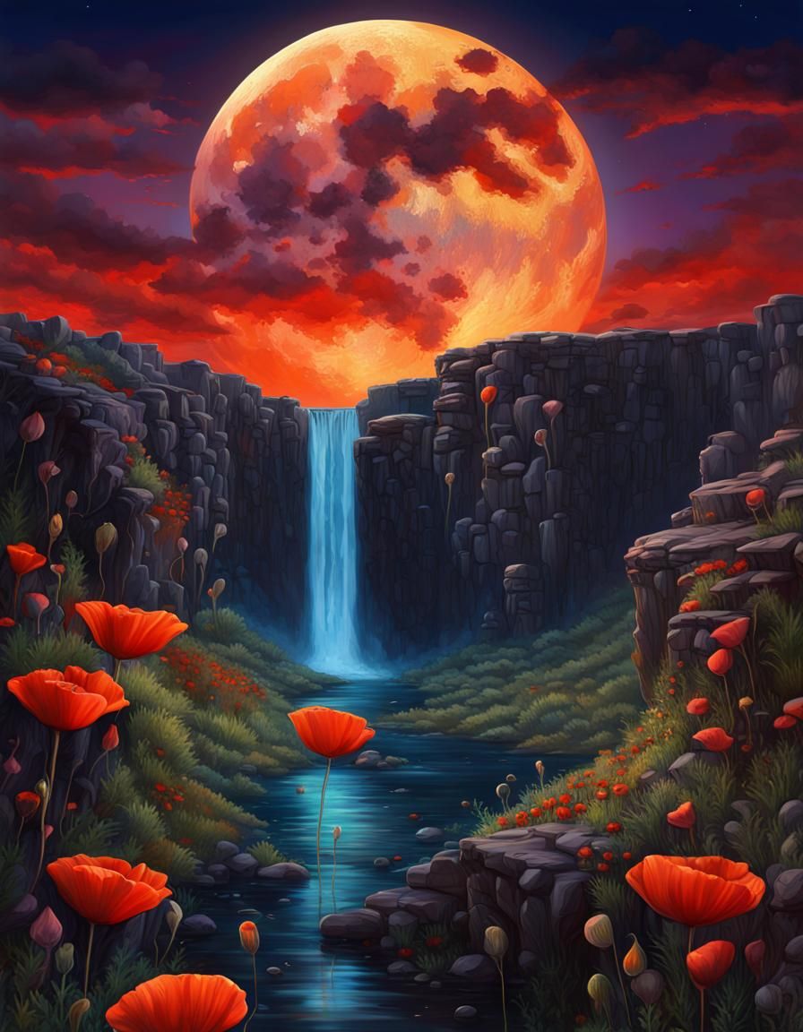 Twilight Waterfall with Poppies: A Matte Painting