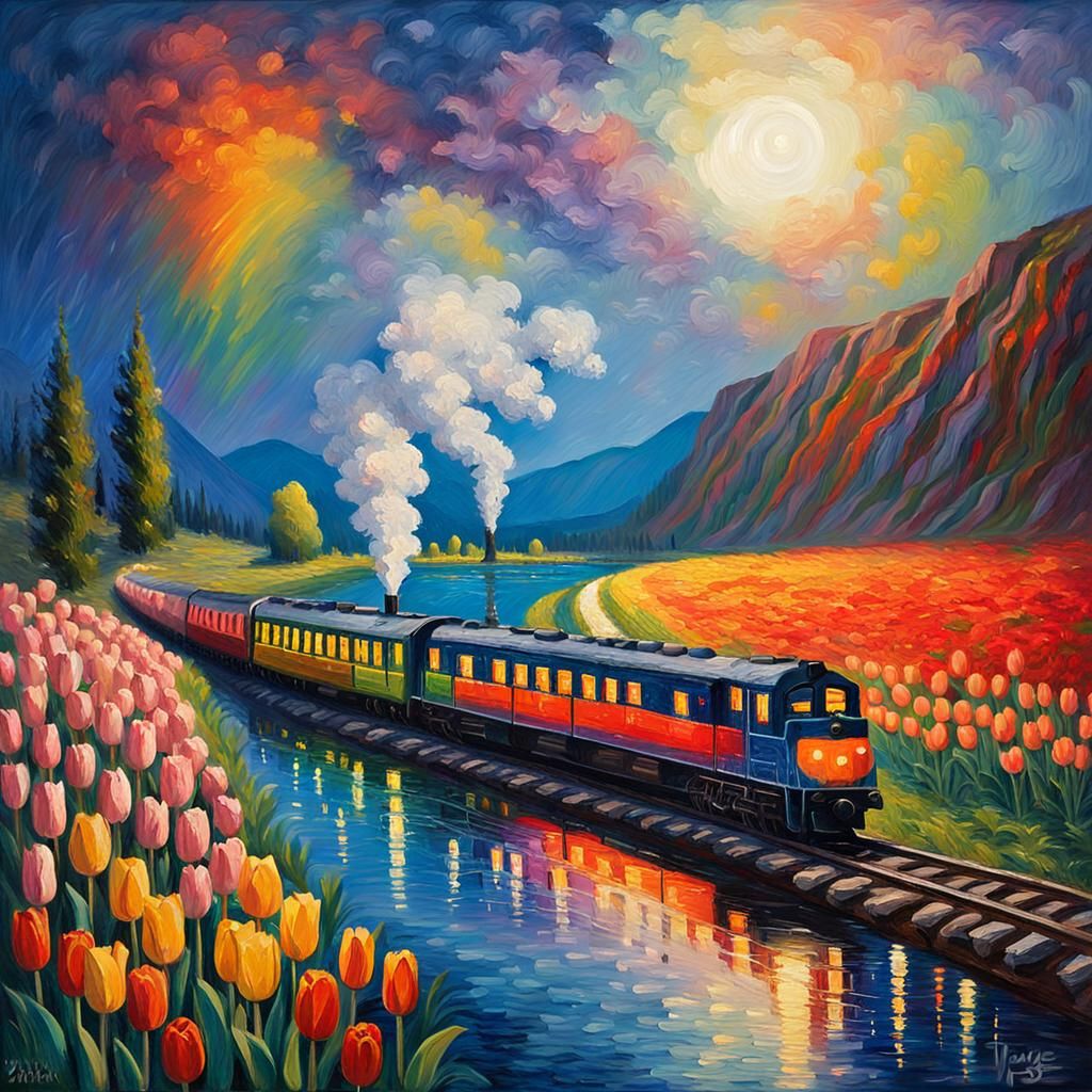 Rainbow Train Through Valley: Impasto Impressionism