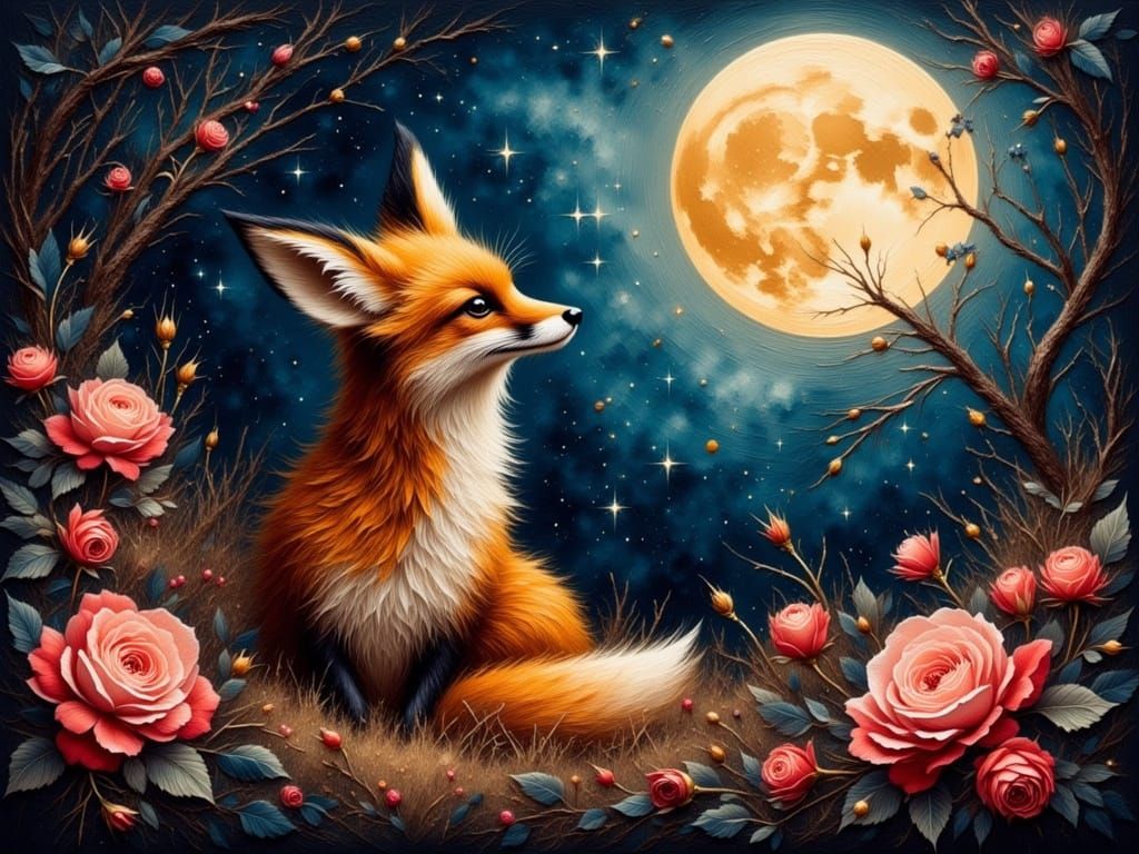 Fox in Mystical Forest with Flowers, Grungy Oil Painting