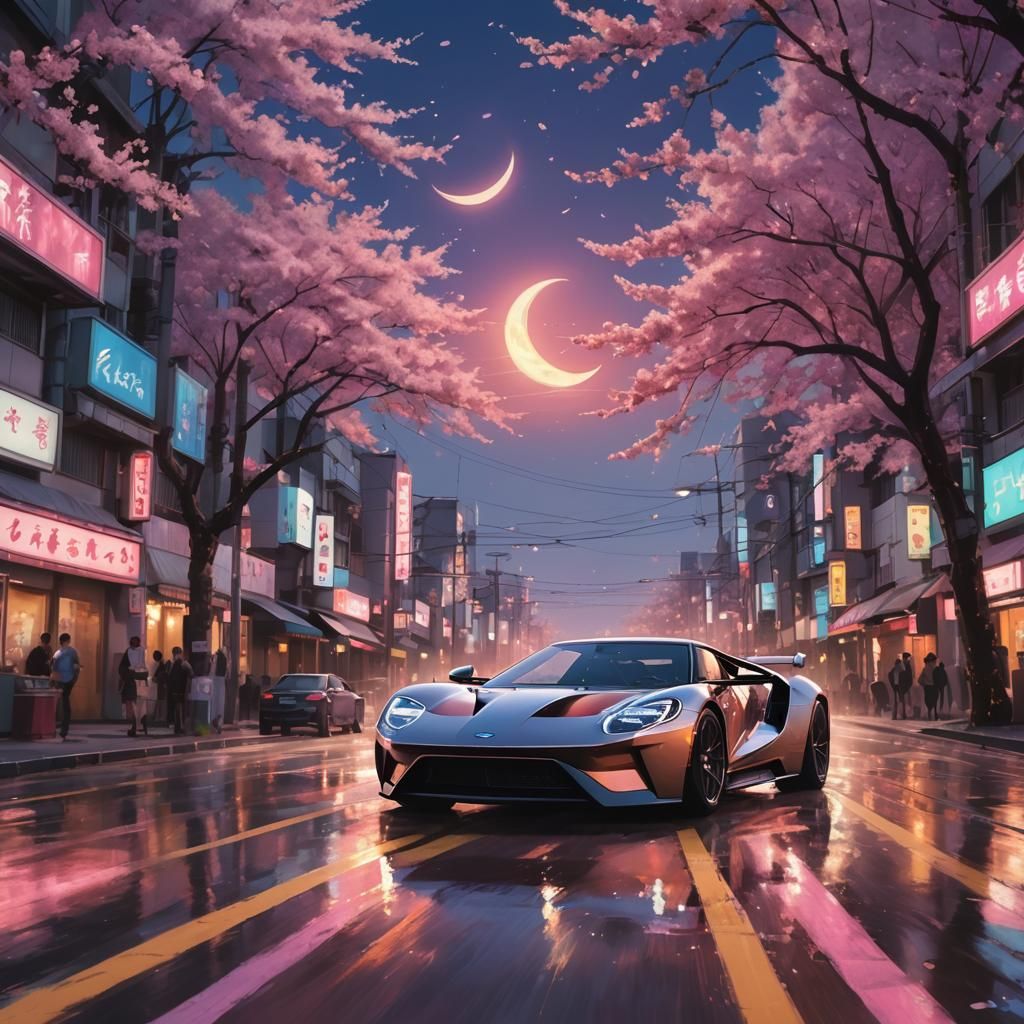 Ford GT on Neo Tokyo Road at Sunset