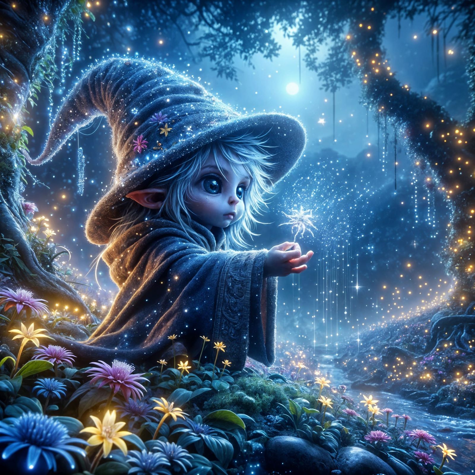 Wizard Exercises Rain Cloud Spell in Enchanted Forest