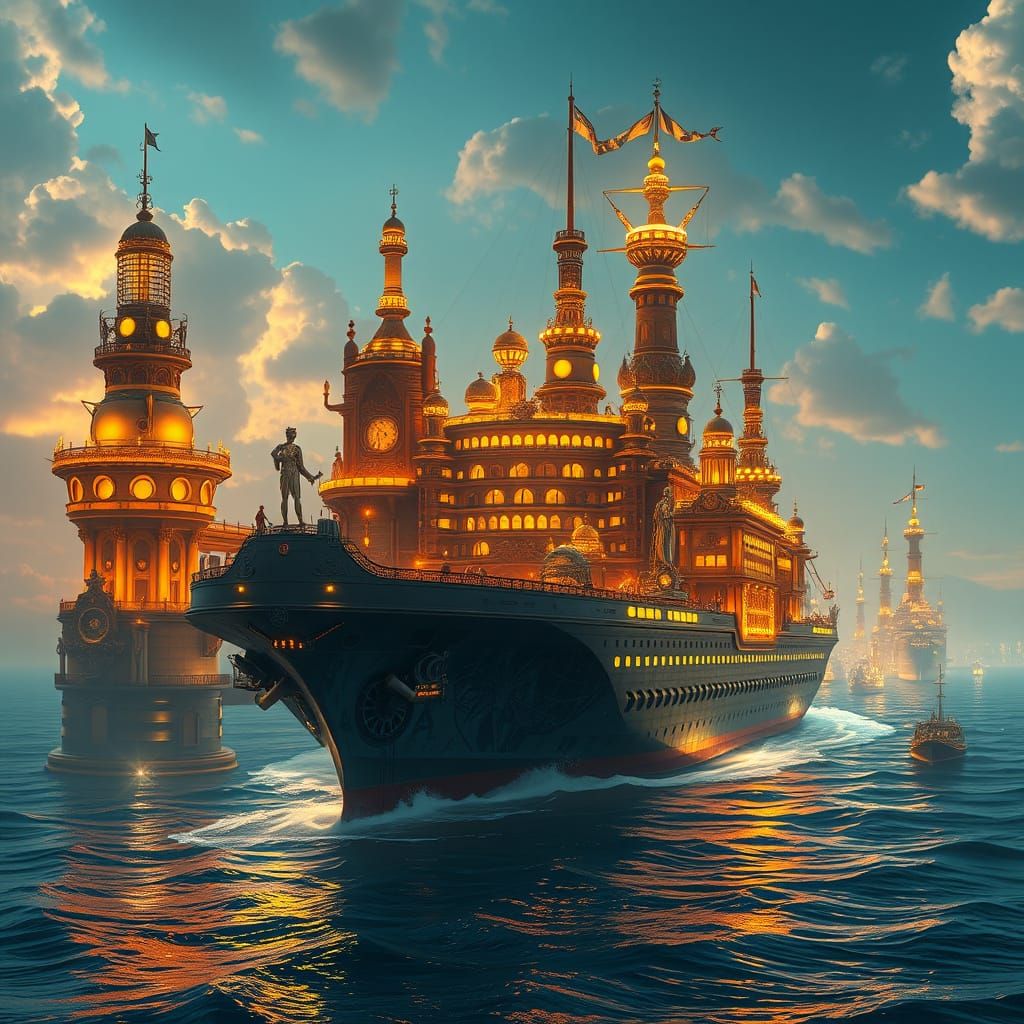 Golden Metropolis at Sea: A Futuristic Maritime City