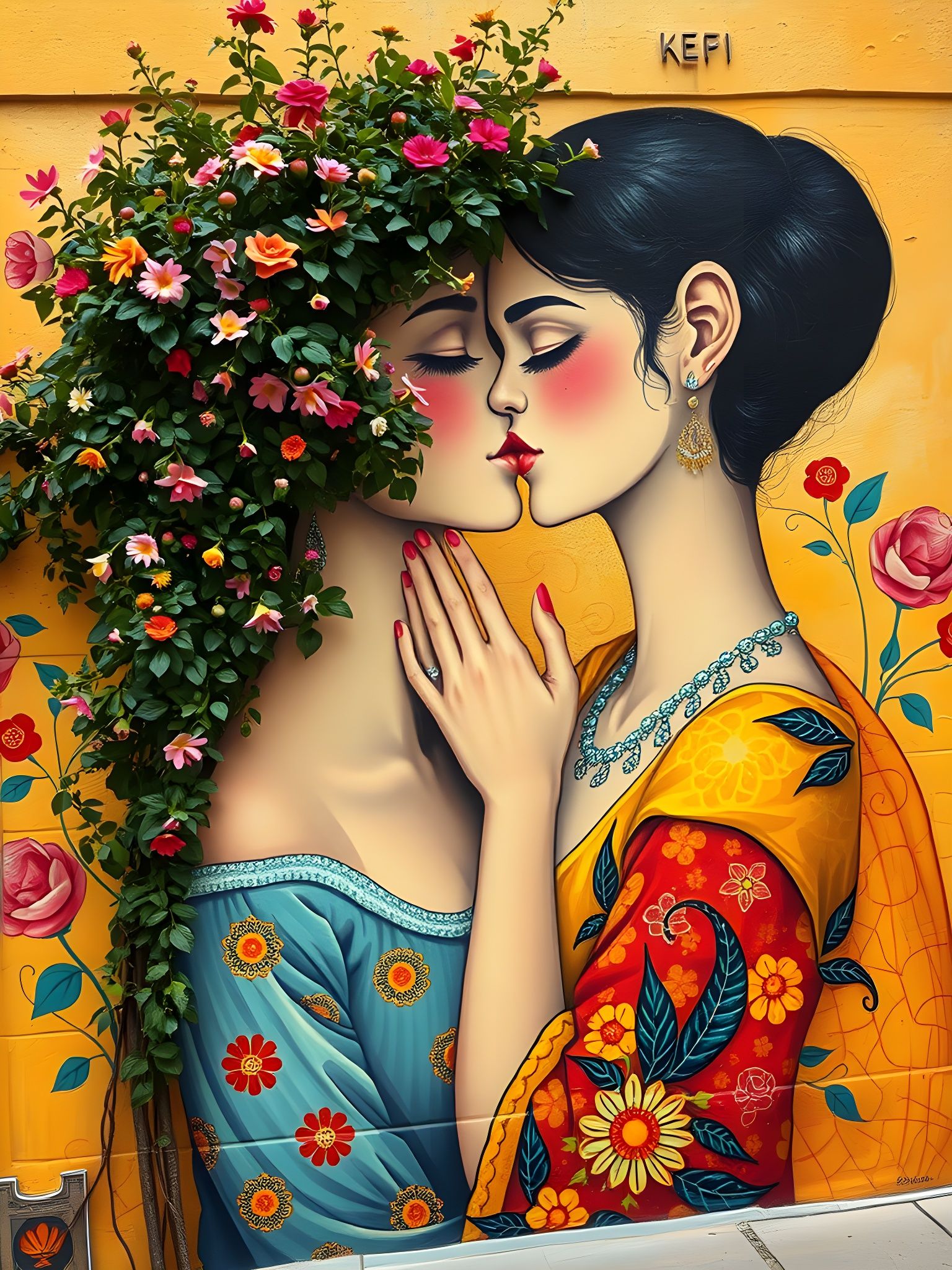 Kissing Women Street Art Mural in Klimt Style