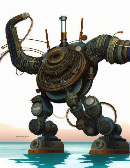Steampunk Nautical Robot Colossus in Retrofuturistic Style