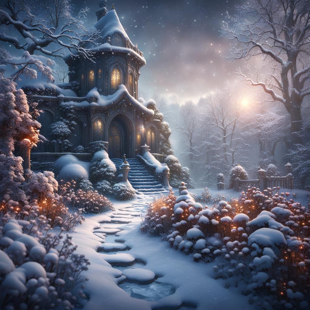 Detailed Snowy Garden Concept Art in 8K