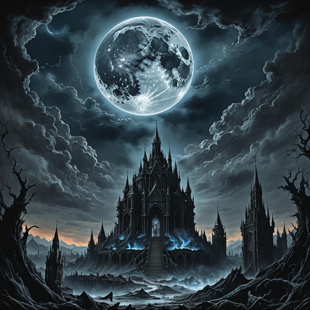 Giant Blue Moon in Dark Fantasy Art