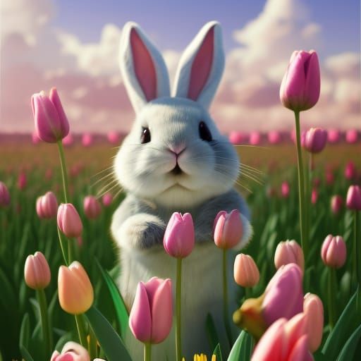 Pastel Bunny in Tulip Field, Detailed Digital Art