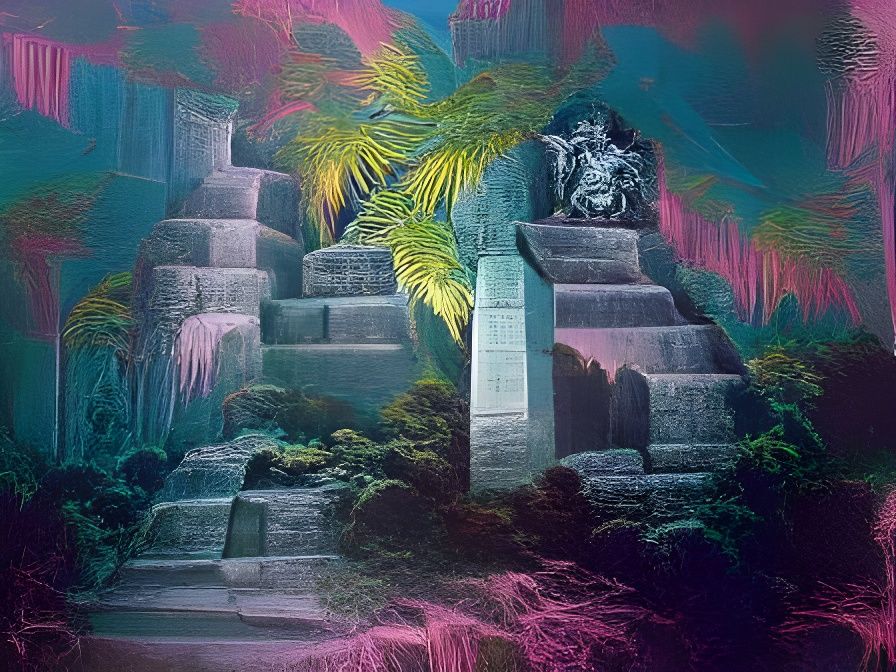 Cosmic Vaporwave Mayan Temple Inspired by Doré