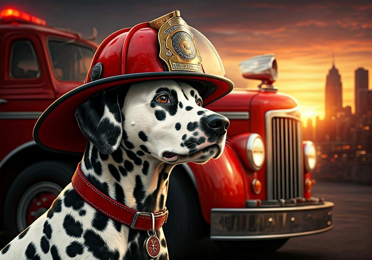 Heroic Dalmatian Firefighter in Cityscape at Sunset