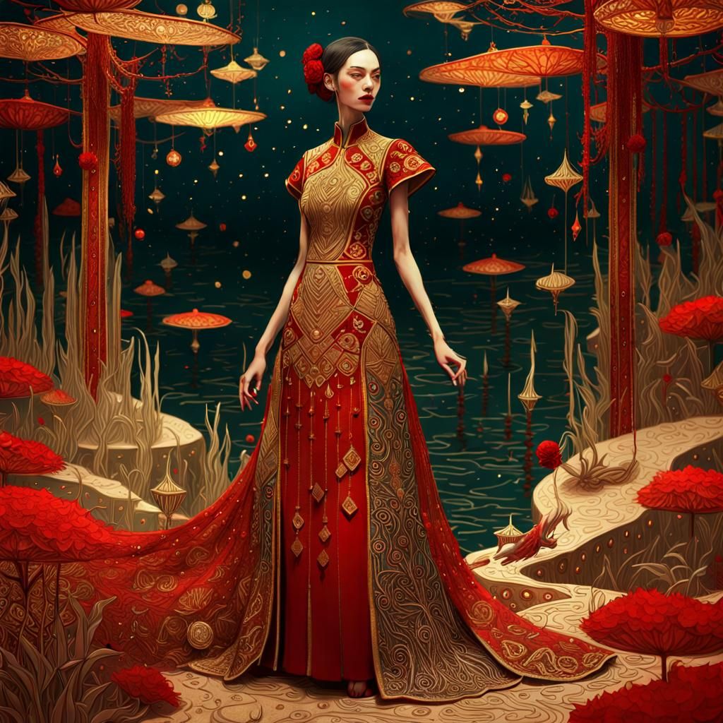 Embroidered Red and Gold Dress in 3D