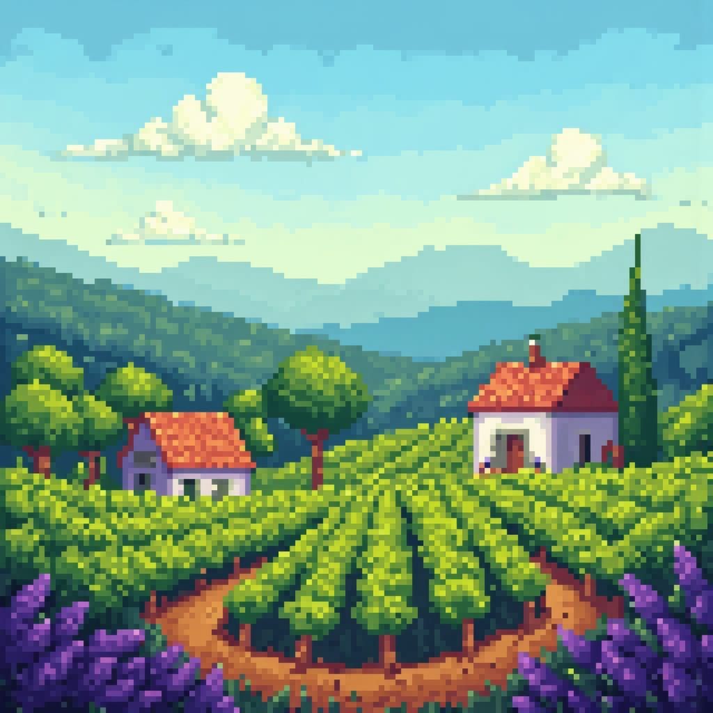 Pixelated Vineyard in Retro 64-bit Style