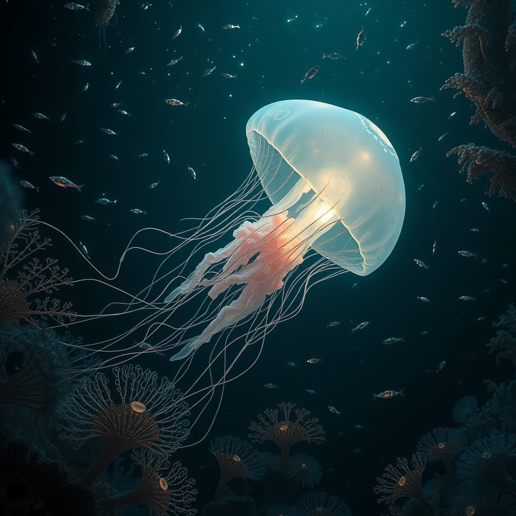 Bioluminescent Jellyfish in Alien Ocean, Art Nouveau
