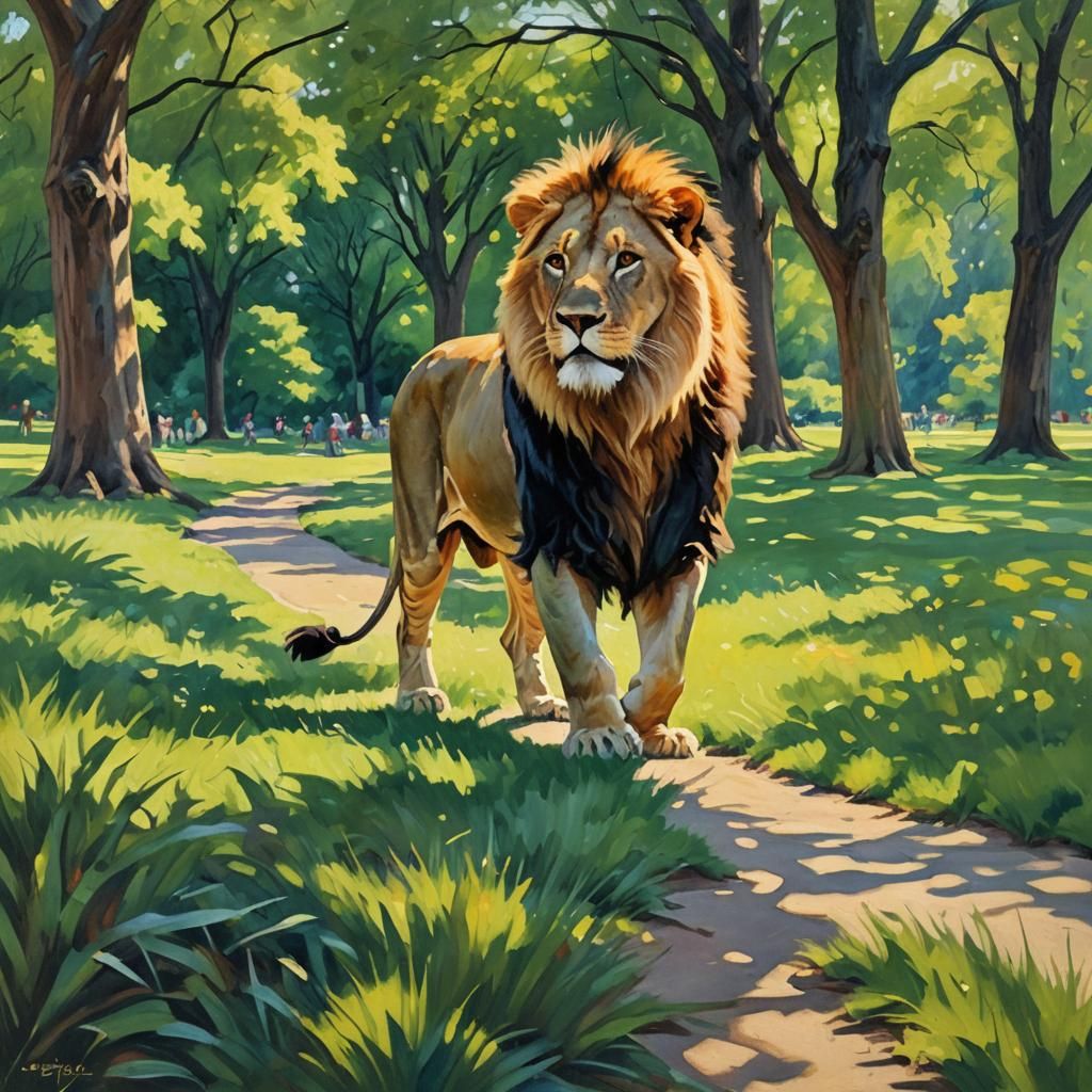 Lion in Central Park: Impressionist Oil Painting
