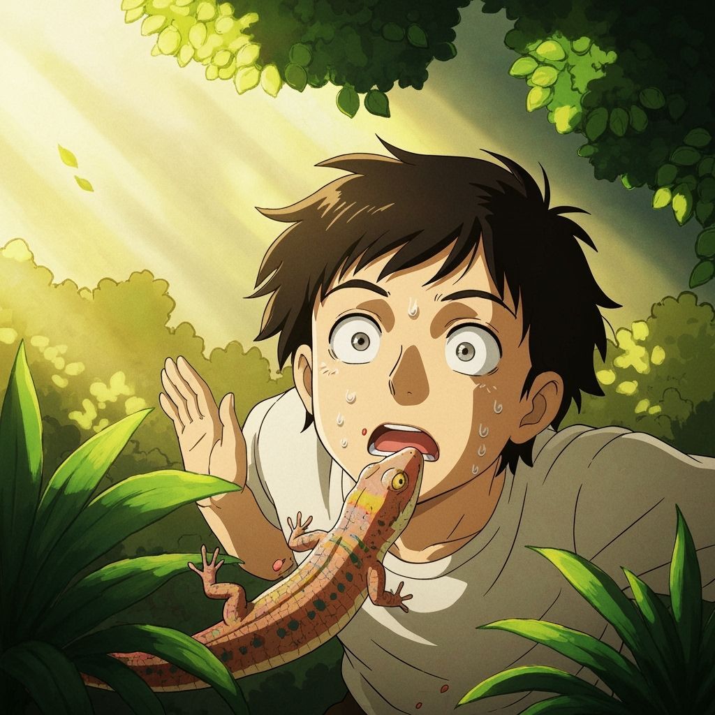 Anime Boy Bitten by Lizard in Studio Ghibli Style