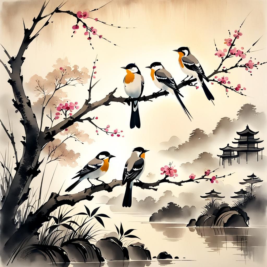 Birds in Ink: A Muted Chinese Painting