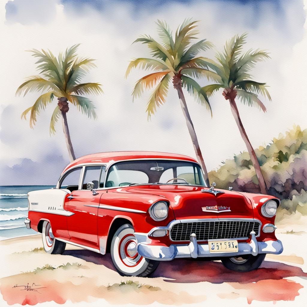 Red and White 1955 Chevrolet Bel Air Watercolor