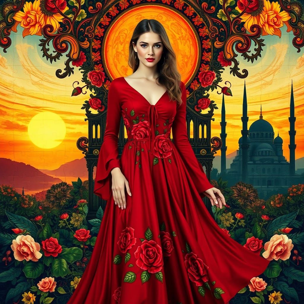 Woman in Rose Dress Amidst Kaleidoscopic Landscape