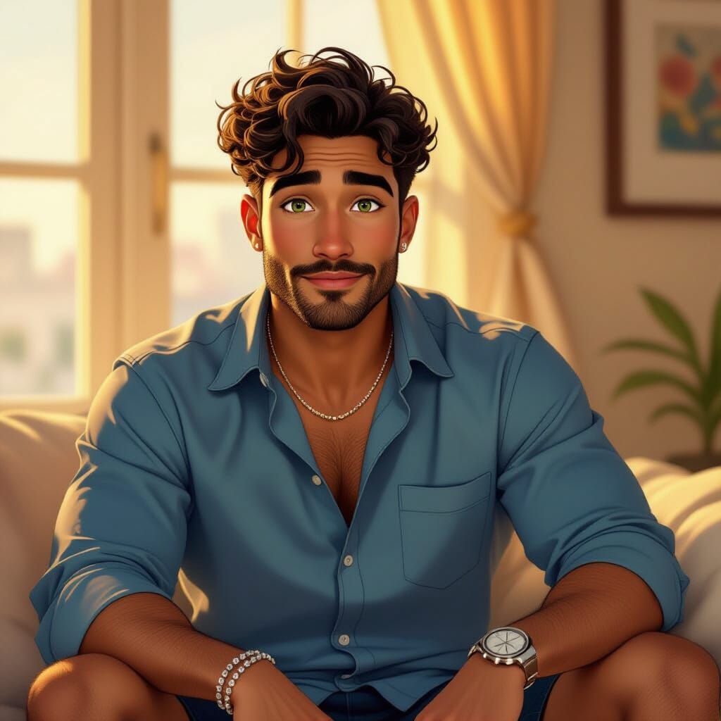 Pixar-Style Man with Green Eyes and Curly Hair