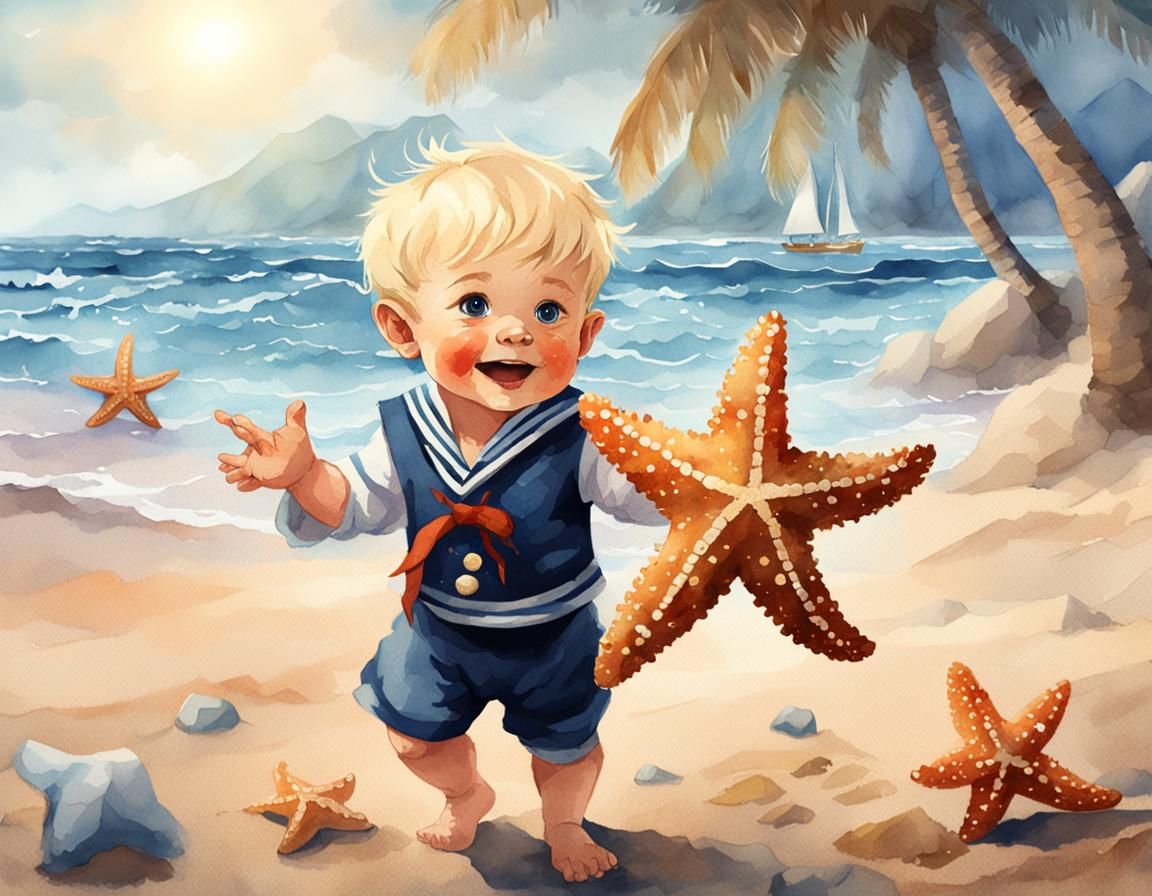 Watercolor: Blonde Boy in Sailor Suit on Beach