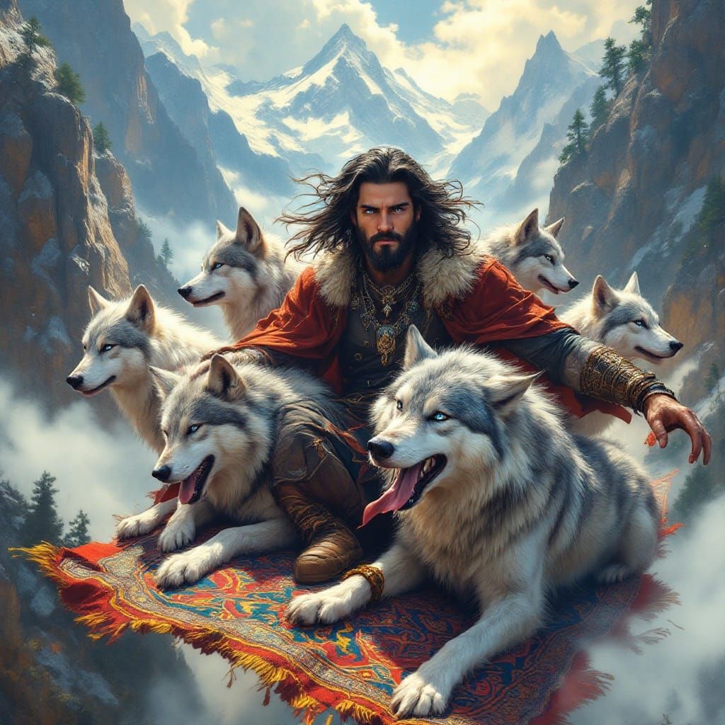 Chiseled Hero Sits Regally on a Flying Carpet Surrounded by....