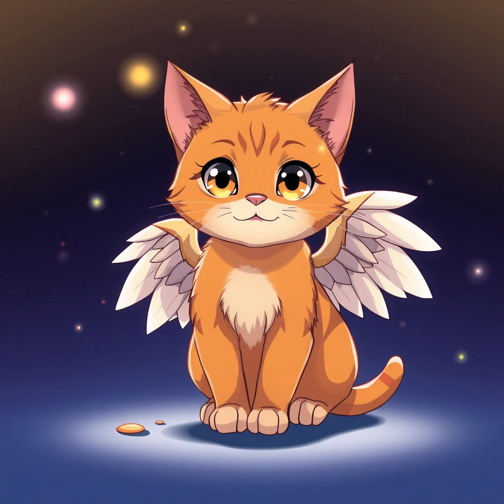 Cute Winged Ginger Cat in Anime Style